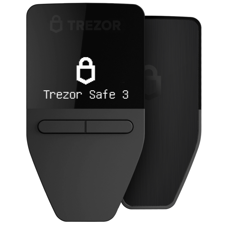 Front and back of the Trezor Safe 3 in Cosmic Black